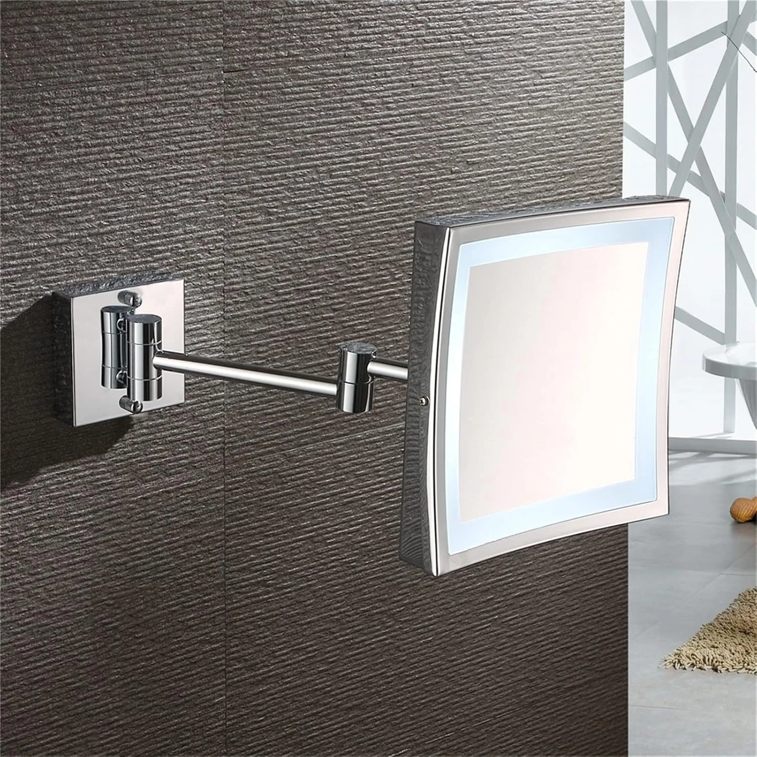 Makeup Mirror with Lights And 3X Magnification, Square LED Wall Mounted Bathroom Vanity Mirror, Rotable Extendable Shaving Mirror,Brass,Plug In