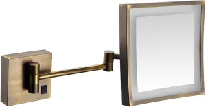 Makeup Mirror with Lights And 3X Magnification, Square LED Wall Mounted Bathroom Vanity Mirror, Rotable Extendable Shaving Mirror,Brass,Plug In