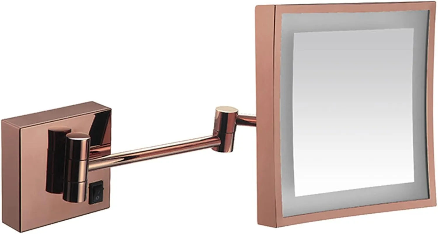 Makeup Mirror with Lights and 3X Magnification, Square LED Wall Mounted Bathroom Vanity Mirror, Rotable Extendable Shaving Mirror,Brass,Plug in(Rose Gold,USB)