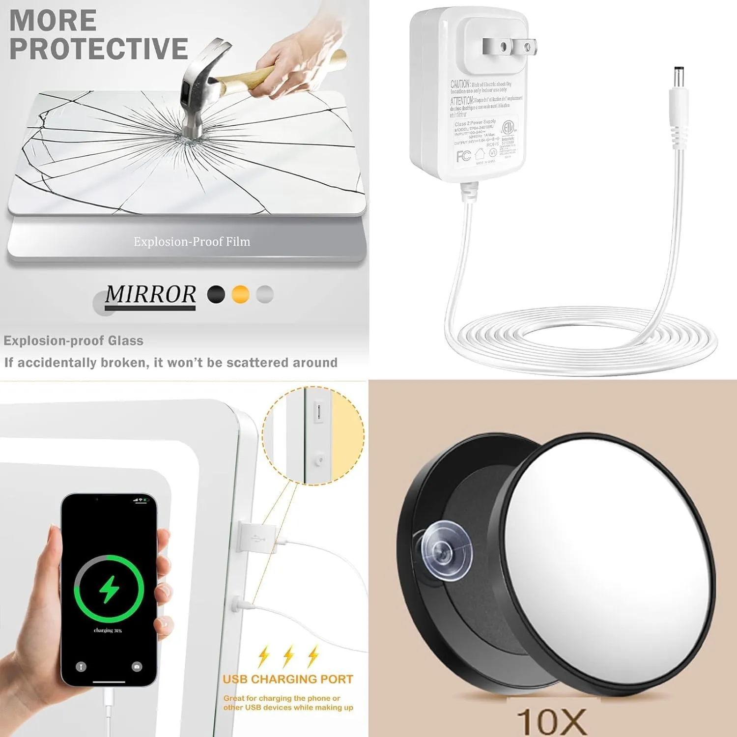 Makeup Vanity Mirror with USB Charging Port 28" x 22" Large LED Makeup Mirror, Desk Mirorr with Lights, Light up Mirror with 10X Magnification and, Dimmable 3 Modes, Touch Control White