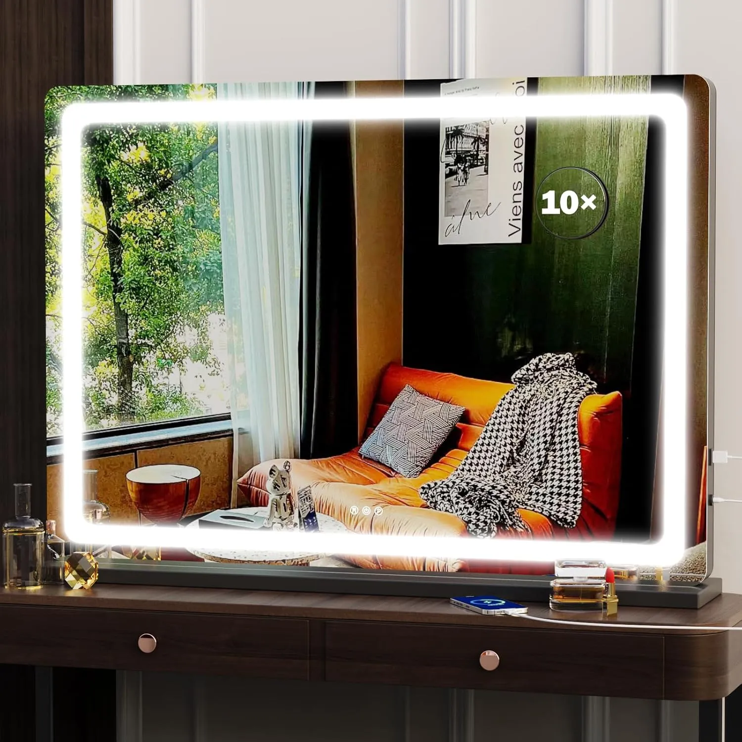 Makeup Vanity Mirror with USB Charging Port 28" x 22" Large LED Makeup Mirror, Desk Mirorr with Lights, Light up Mirror with 10X Magnification, Dimmable 3 Modes, Touch Screen Control Black