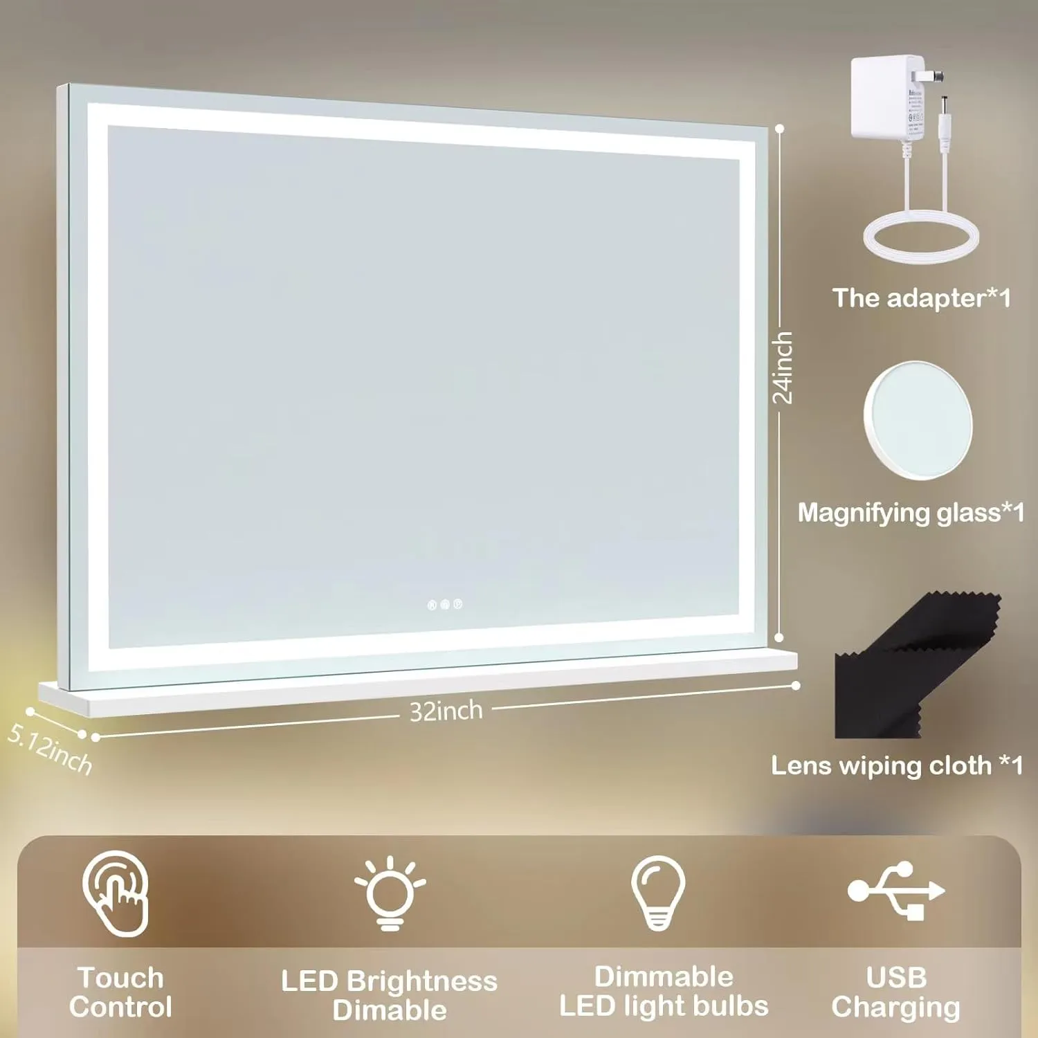 Makeup Vanity Mirror with USB Charging Port 32" x 24" Large LED Makeup Mirror, Desk Mirorr with Lights, Light up Mirror with 10X Magnification and, Dimmable 3 Modes, Touch Screen Control