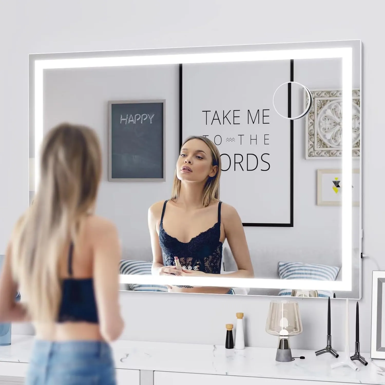 Makeup Vanity Mirror with USB Charging Port 32" x 24" Large LED Makeup Mirror, Desk Mirorr with Lights, Light up Mirror with 10X Magnification and, Dimmable 3 Modes, Touch Screen Control