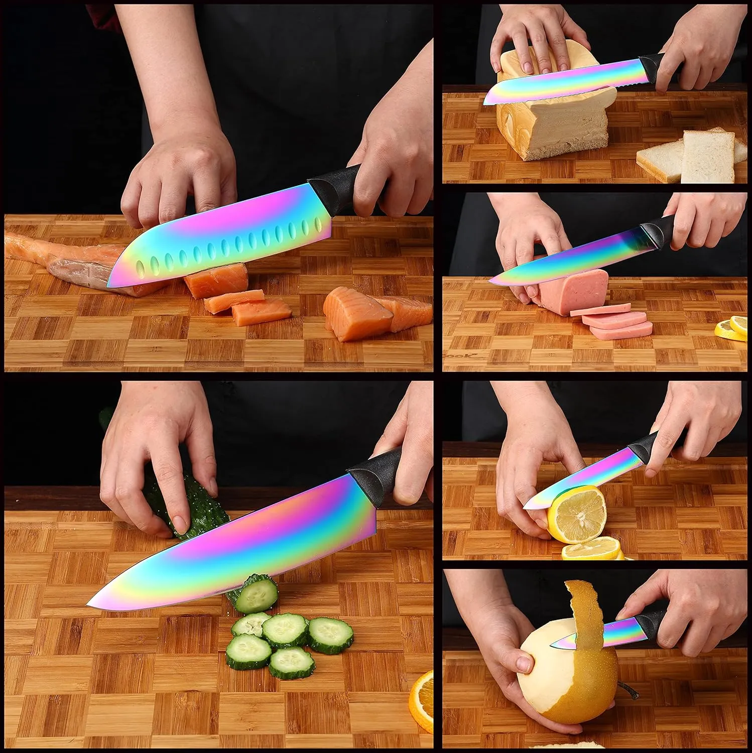 Marco Almond Kitchen Knife Set, KYA36 12-Piece Rainbow Color Stainless Steel Chef Boxed Knives Set for Kitchen with Covers, 6 Knives with 6 Blade Guards, Black