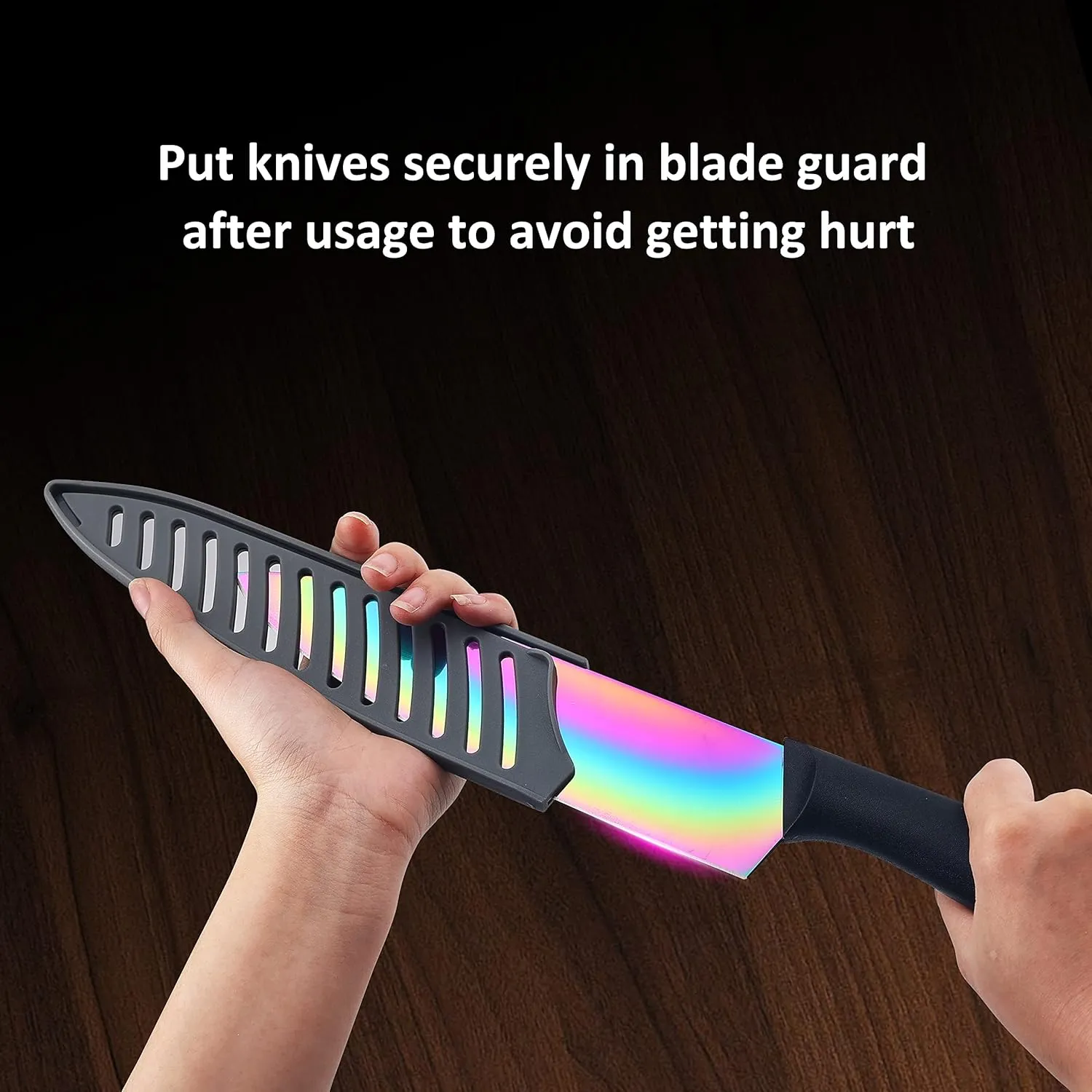 Marco Almond Kitchen Knife Set, KYA36 12-Piece Rainbow Color Stainless Steel Chef Boxed Knives Set for Kitchen with Covers, 6 Knives with 6 Blade Guards, Black