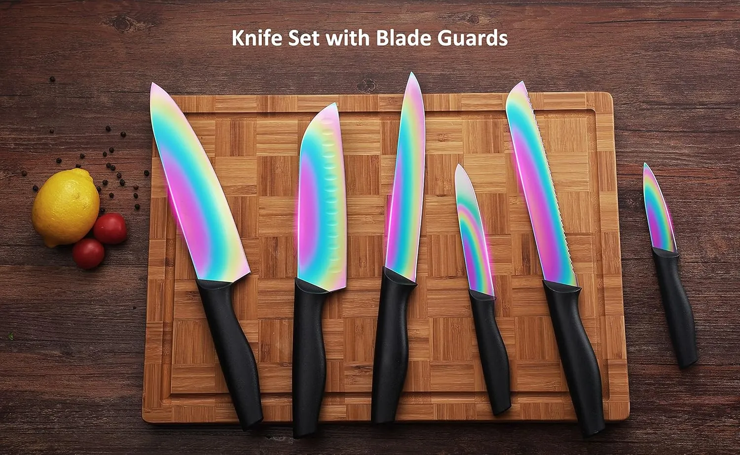 Marco Almond Kitchen Knife Set, KYA36 12-Piece Rainbow Color Stainless Steel Chef Boxed Knives Set for Kitchen with Covers, 6 Knives with 6 Blade Guards, Black