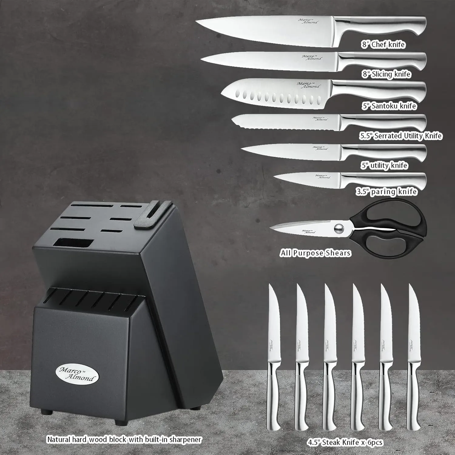 Marco Almond® Knife Set with Block KYA28, 14 Pieces Stainless Steel Chef Cutlery Kitchen Knives Block Set with Built-in Sharpener
