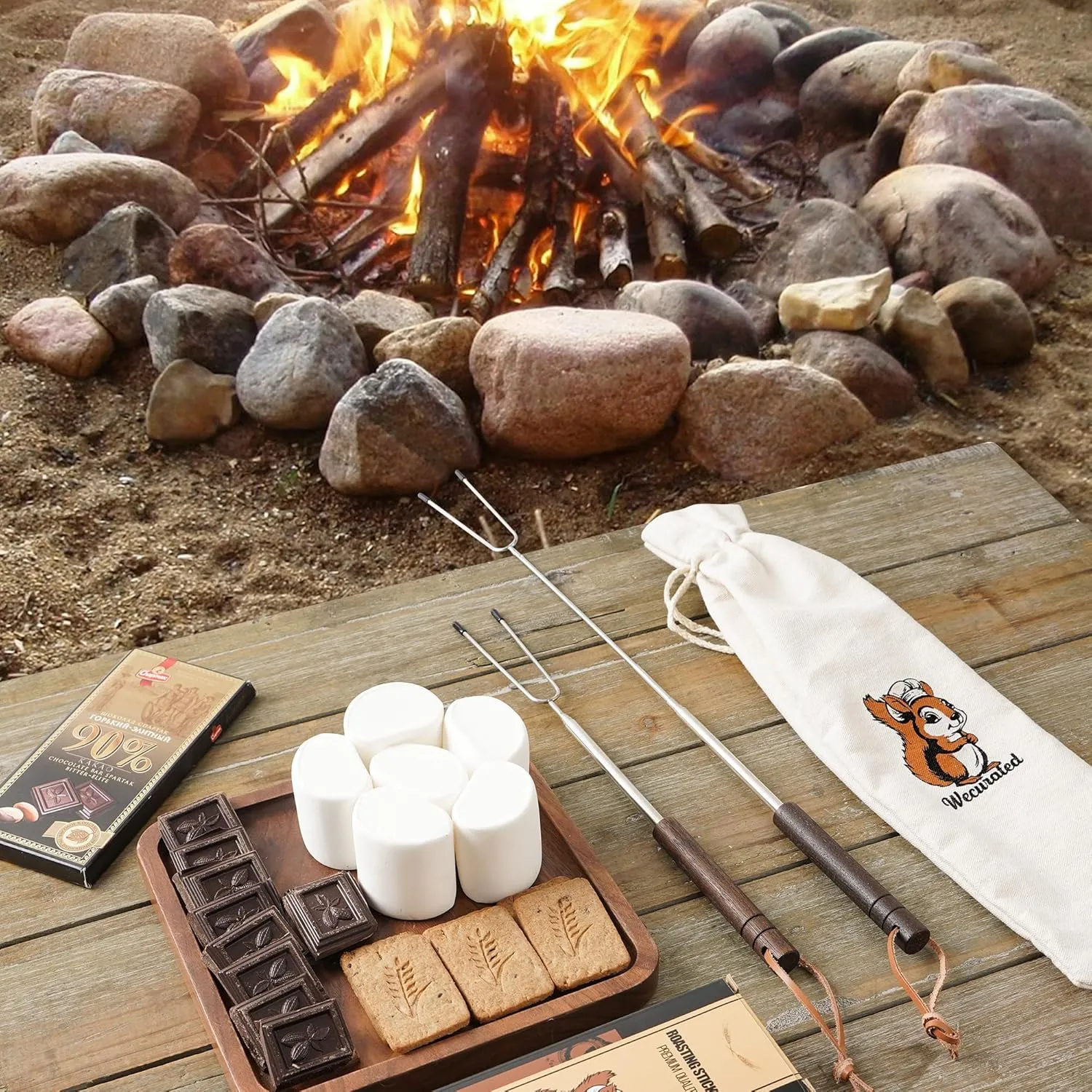 Marshmallow Roasting Sticks Set of 5 - Telescoping Long Smores Stick for Fire Pit Campfire Grill Bonfire Party BBQ Accessories with Storage Bag