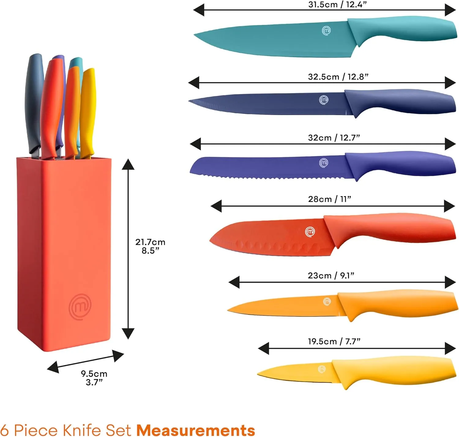 MasterChef Knife Block Set of 6 Kitchen Knives, Extra Sharp Stainless Steel Blades for Professional Cutting with Non Stick Coating & Soft Touch Easy Grip Handles in a Red Universal Block, Vivid Color