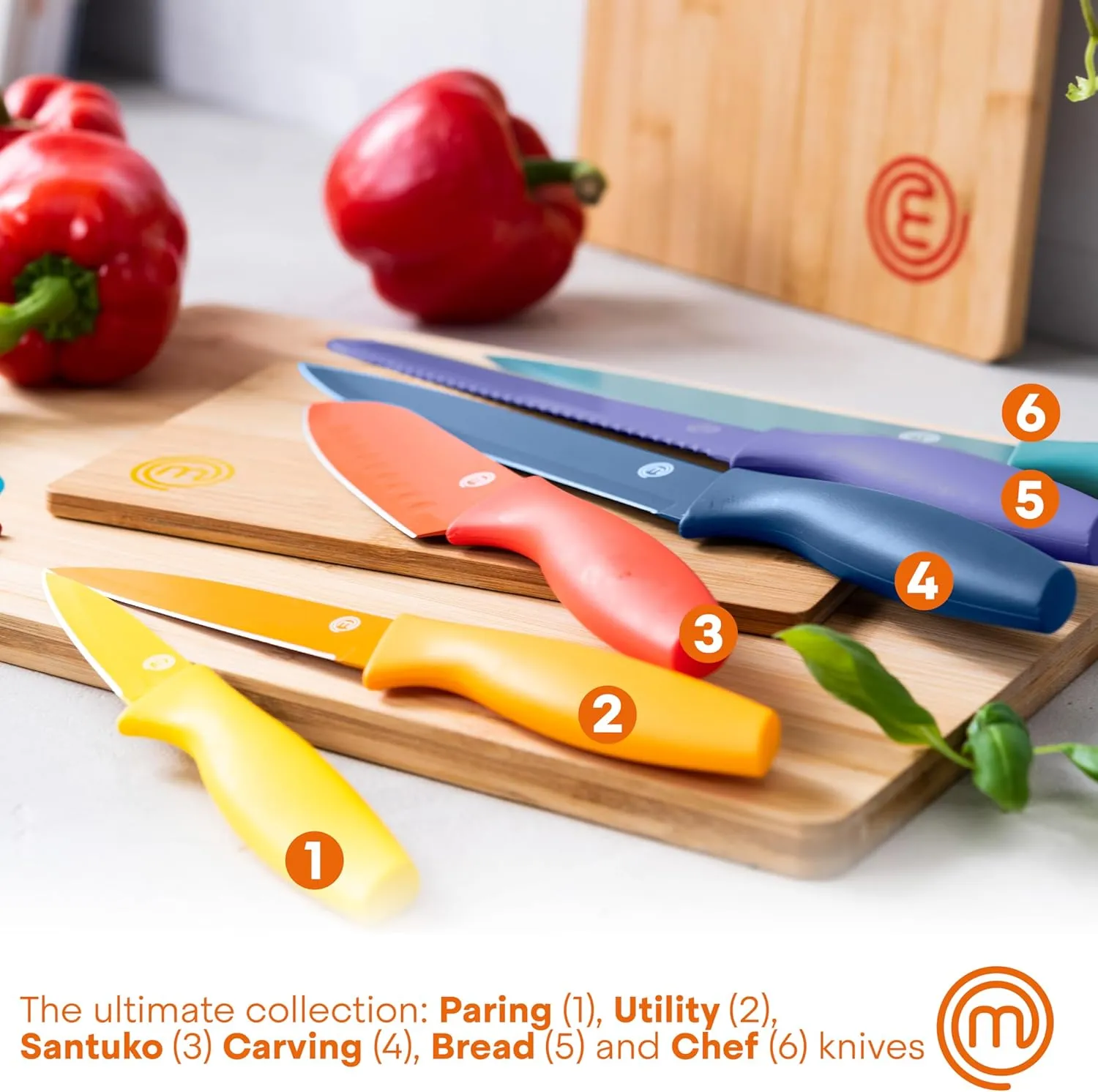 MasterChef Knife Block Set of 6 Kitchen Knives, Extra Sharp Stainless Steel Blades for Professional Cutting with Non Stick Coating & Soft Touch Easy Grip Handles in a Red Universal Block, Vivid Color