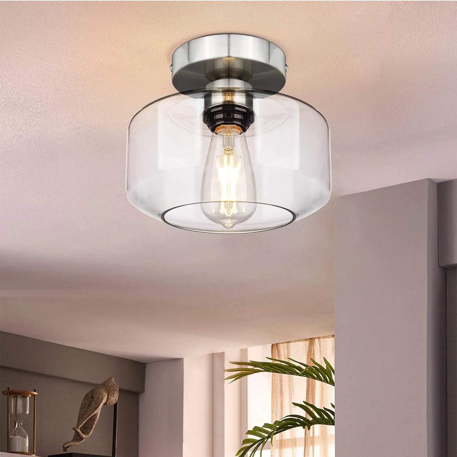 MAXvolador Industrial Semi Flush Mount Ceiling Light Brushed Nickel, Clear Glass Pendant Lamp Shade Farmhouse Lighting Hallway, Hanging Light Fixture