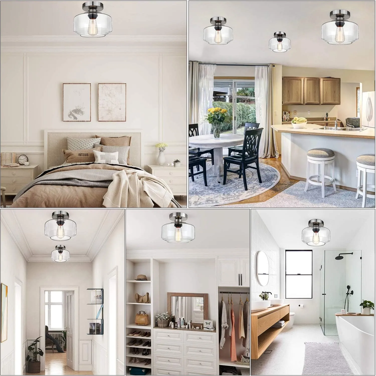 MAXvolador Industrial Semi Flush Mount Ceiling Light Brushed Nickel, Clear Glass Pendant Lamp Shade Farmhouse Lighting Hallway, Hanging Light Fixture