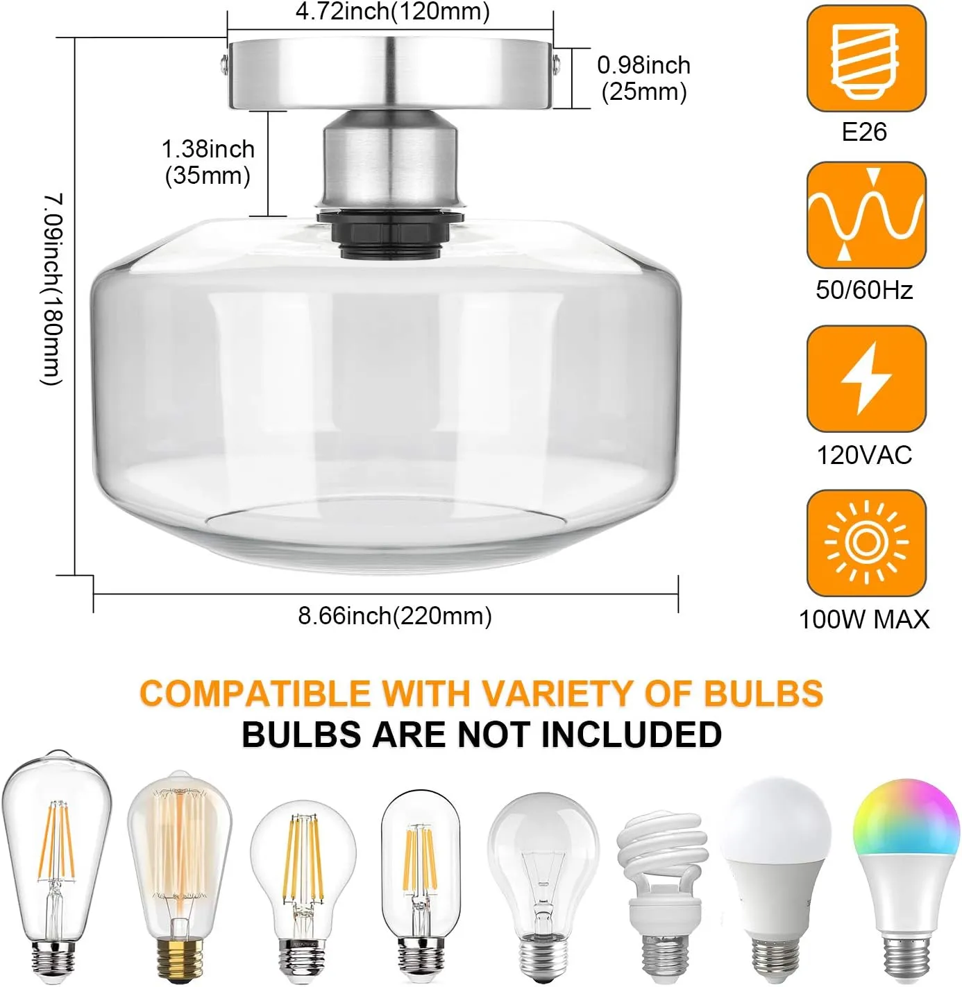 MAXvolador Industrial Semi Flush Mount Ceiling Light Brushed Nickel, Clear Glass Pendant Lamp Shade Farmhouse Lighting Hallway, Hanging Light Fixture