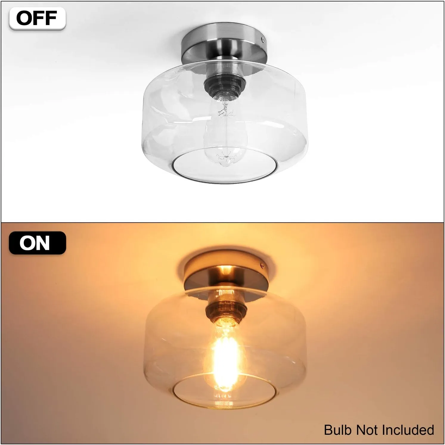 MAXvolador Industrial Semi Flush Mount Ceiling Light Brushed Nickel, Clear Glass Pendant Lamp Shade Farmhouse Lighting Hallway, Hanging Light Fixture