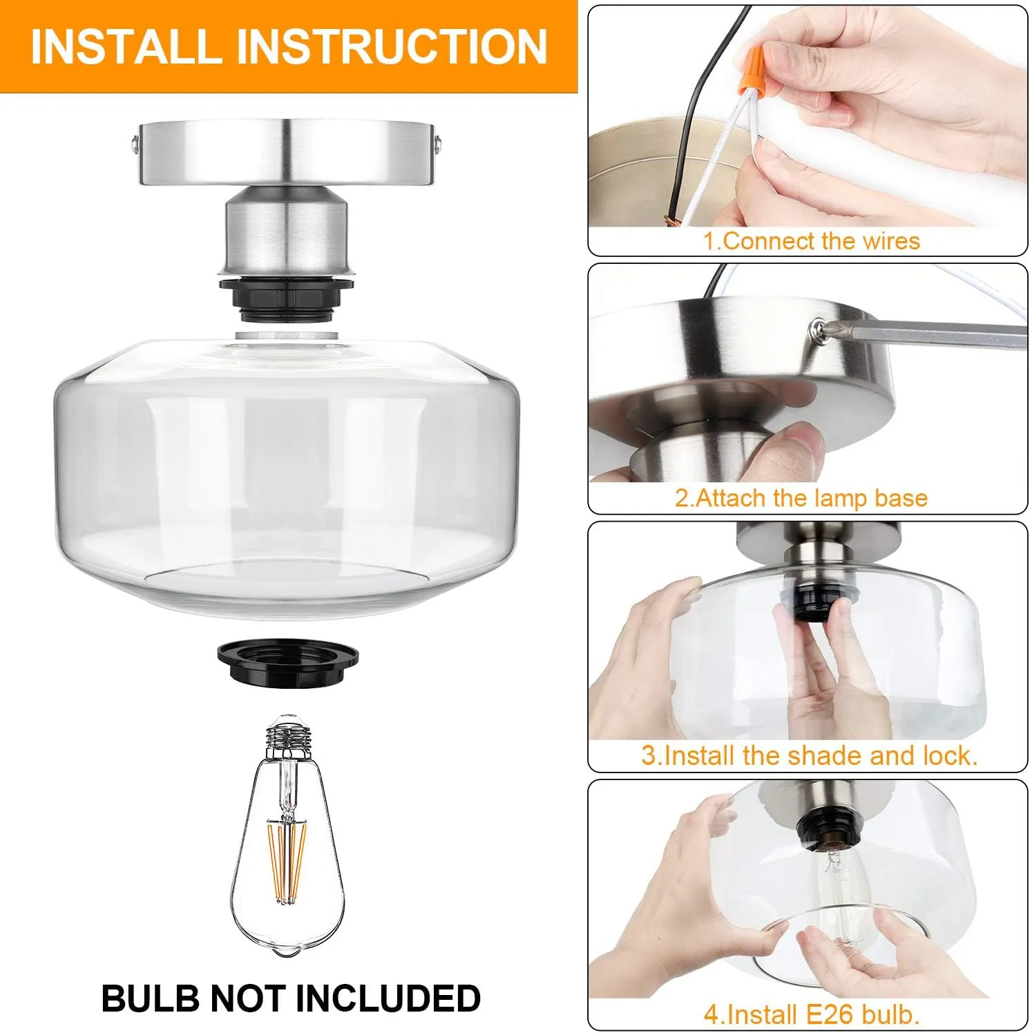 MAXvolador Industrial Semi Flush Mount Ceiling Light Brushed Nickel, Clear Glass Pendant Lamp Shade Farmhouse Lighting Hallway, Hanging Light Fixture