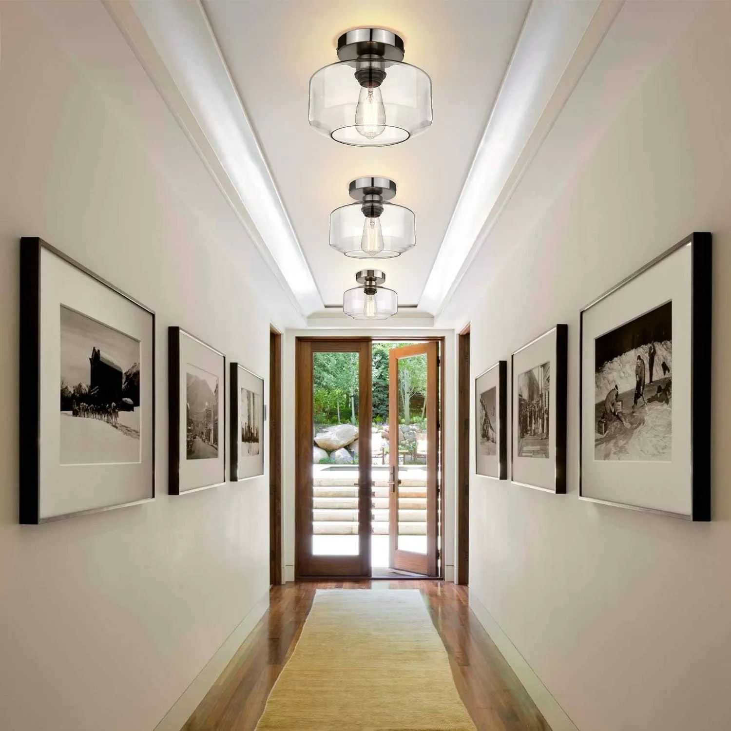 MAXvolador Industrial Semi Flush Mount Ceiling Light Brushed Nickel, Clear Glass Pendant Lamp Shade Farmhouse Lighting Hallway, Hanging Light Fixture