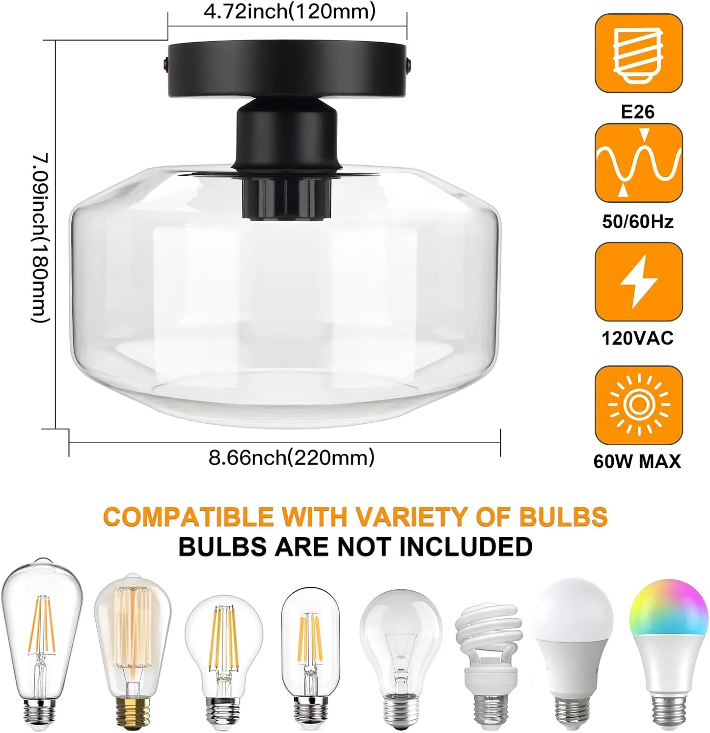 MAXvolador Industrial Semi Flush Mount Ceiling Light, Clear Glass Pendant Lamp Shade, Farmhouse Lighting for Hallway, Vintage Hanging Light Fixtures