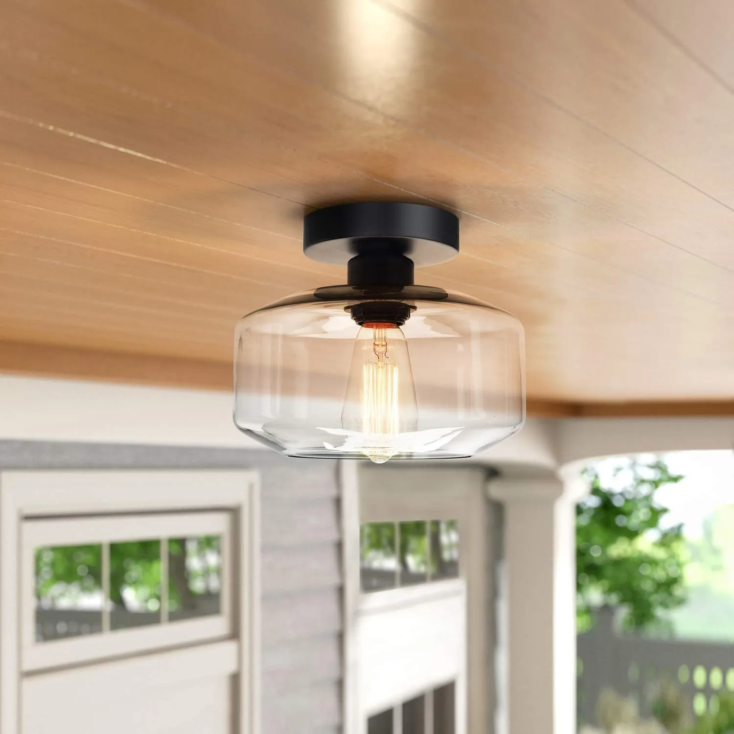 MAXvolador Industrial Semi Flush Mount Ceiling Light, Clear Glass Pendant Lamp Shade, Farmhouse Lighting for Hallway, Vintage Hanging Light Fixtures