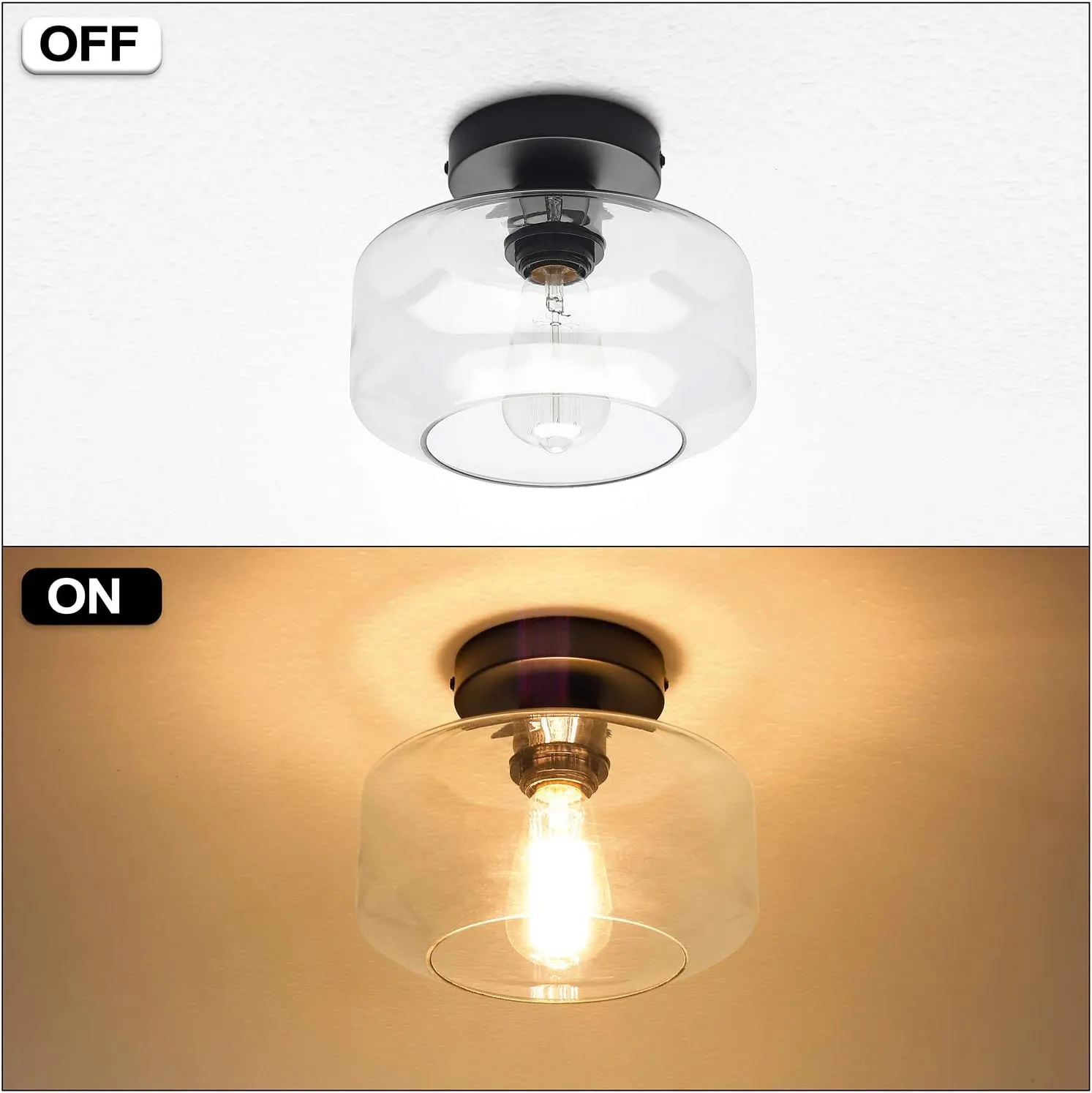 MAXvolador Industrial Semi Flush Mount Ceiling Light, Clear Glass Pendant Lamp Shade, Farmhouse Lighting for Hallway, Vintage Hanging Light Fixtures