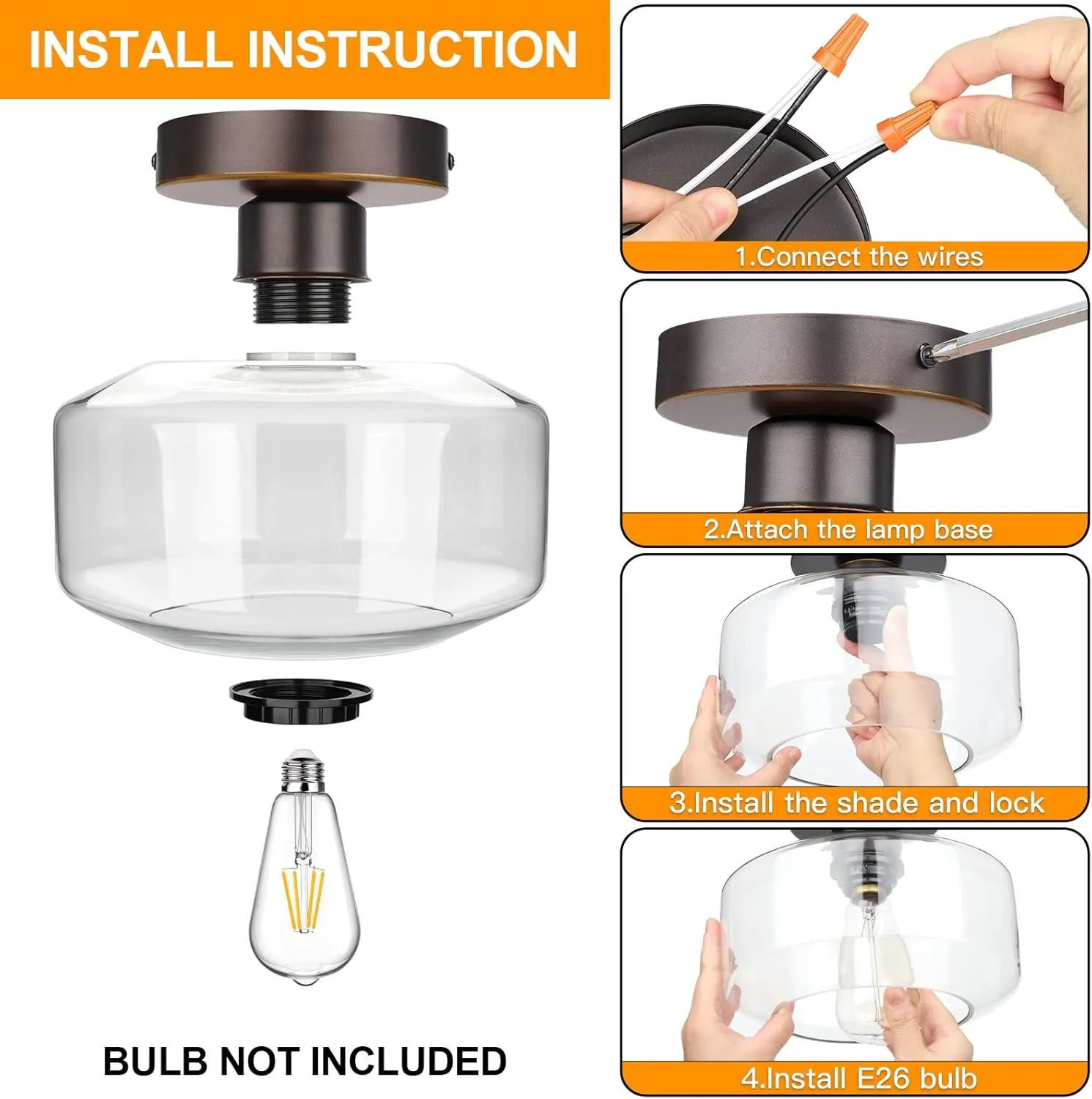 MAXvolador Industrial Semi Flush Mount Ceiling Light, Clear Glass Pendant Lamp Shade, Oil Rubbed Bronze Farmhouse Lighting, Hanging Light Fixture