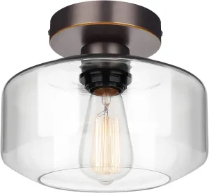 MAXvolador Industrial Semi Flush Mount Ceiling Light, Clear Glass Pendant Lamp Shade, Oil Rubbed Bronze Farmhouse Lighting, Hanging Light Fixture