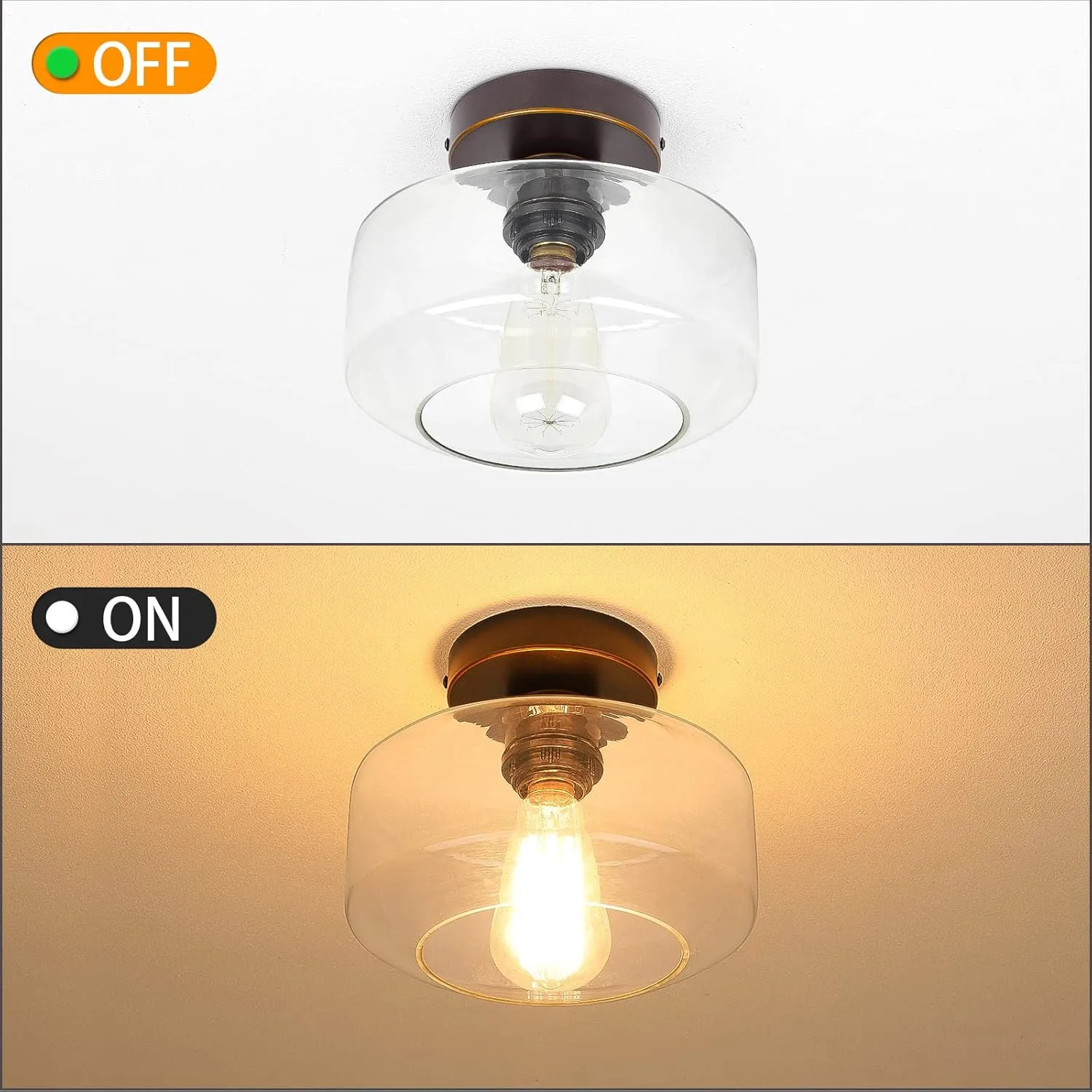 MAXvolador Industrial Semi Flush Mount Ceiling Light, Clear Glass Pendant Lamp Shade, Oil Rubbed Bronze Farmhouse Lighting, Hanging Light Fixture
