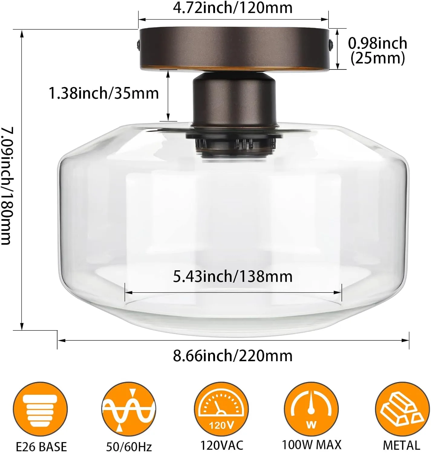 MAXvolador Industrial Semi Flush Mount Ceiling Light, Clear Glass Pendant Lamp Shade, Oil Rubbed Bronze Farmhouse Lighting, Hanging Light Fixture