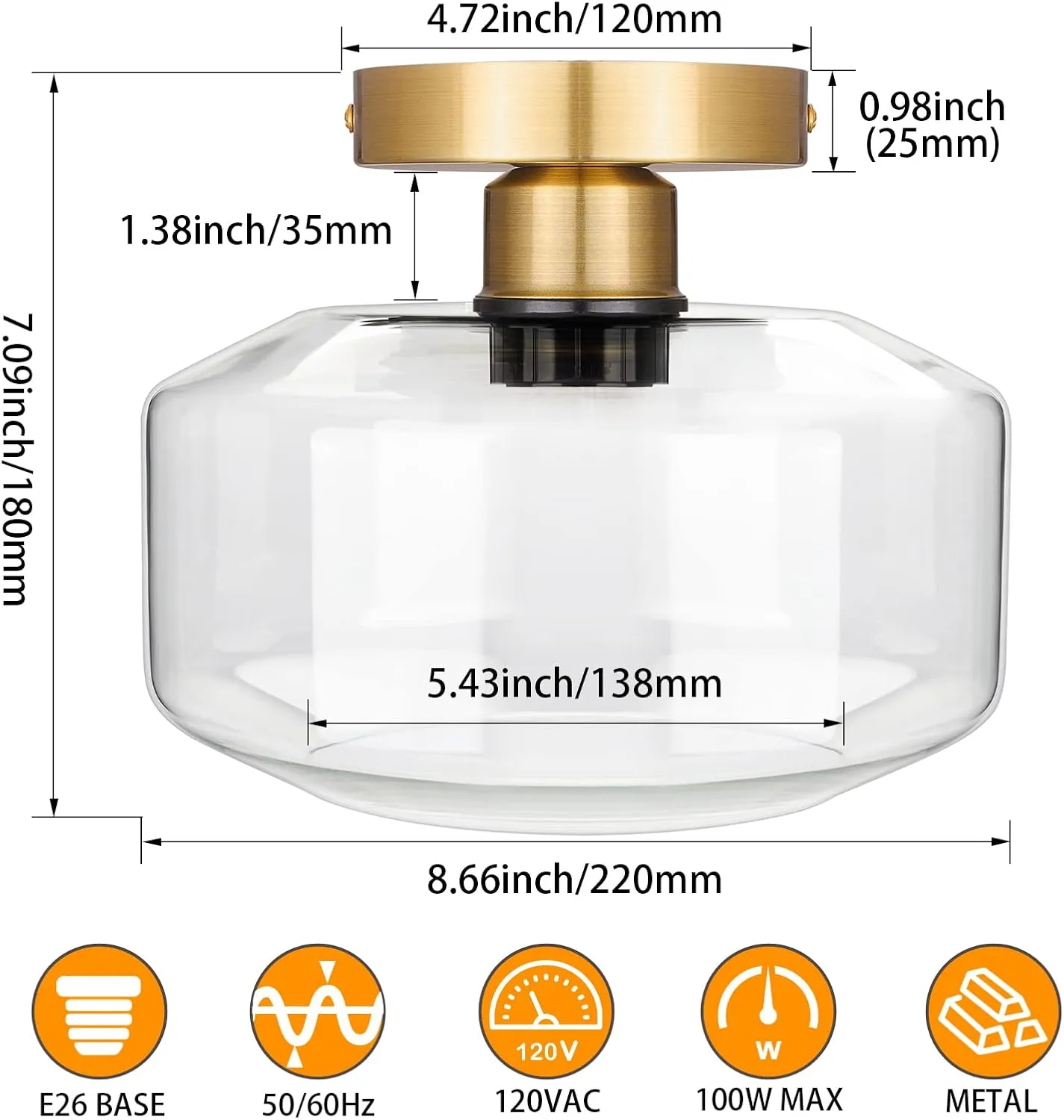 MAXvolador Industrial Semi Flush Mount Ceiling Light Gold, Clear Glass Pendant Lamp Shade, Farmhouse Lighting Hallway, Vintage Hanging Light Fixture