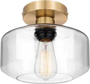 MAXvolador Industrial Semi Flush Mount Ceiling Light Gold, Clear Glass Pendant Lamp Shade, Farmhouse Lighting Hallway, Vintage Hanging Light Fixture