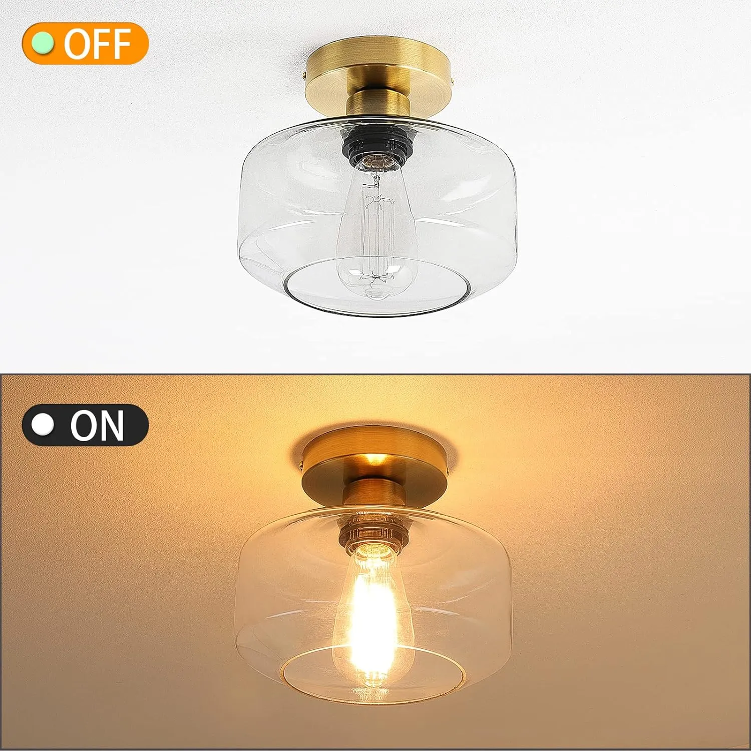 MAXvolador Industrial Semi Flush Mount Ceiling Light Gold, Clear Glass Pendant Lamp Shade, Farmhouse Lighting Hallway, Vintage Hanging Light Fixture