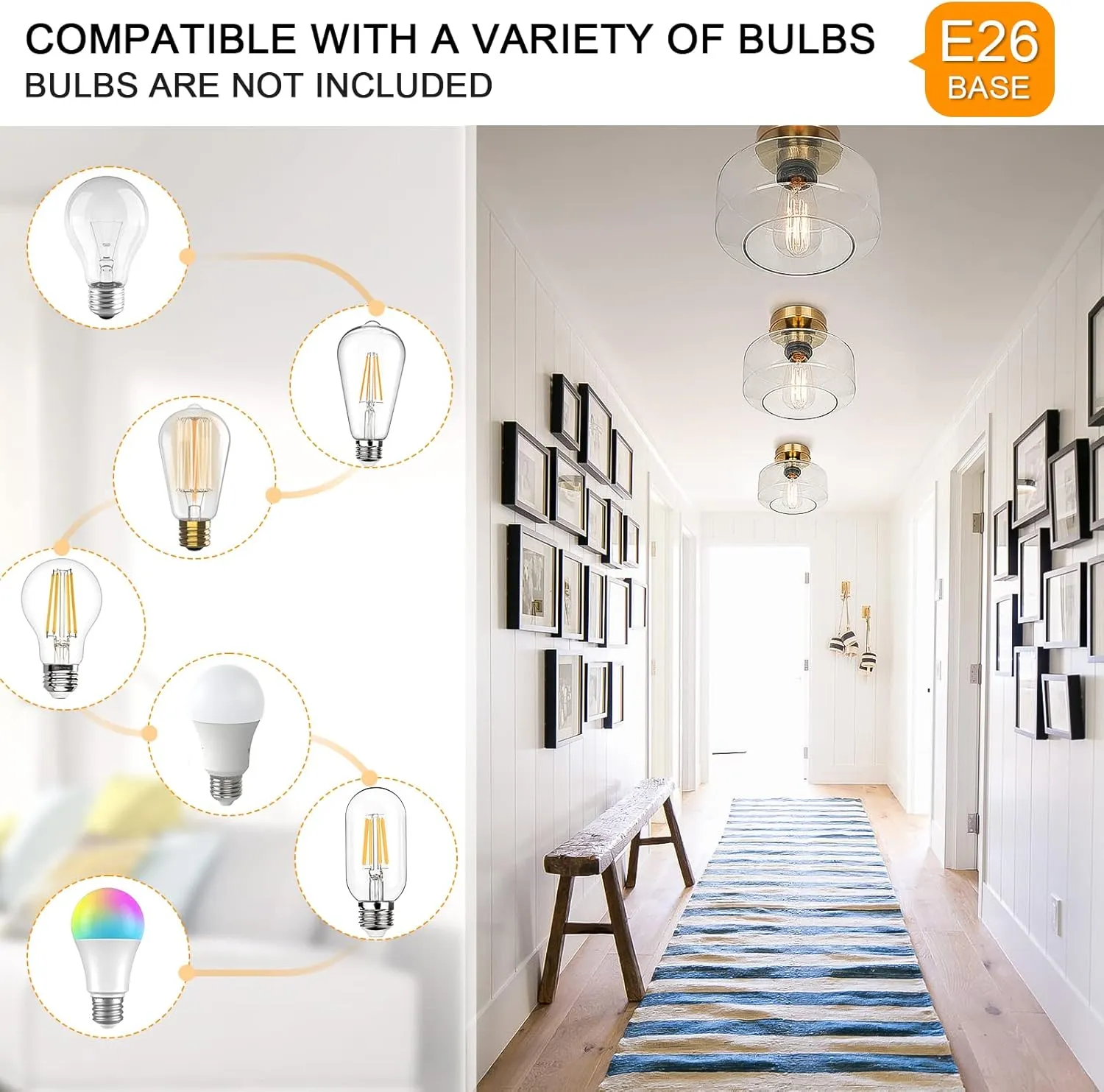 MAXvolador Industrial Semi Flush Mount Ceiling Light Gold, Clear Glass Pendant Lamp Shade, Farmhouse Lighting Hallway, Vintage Hanging Light Fixture