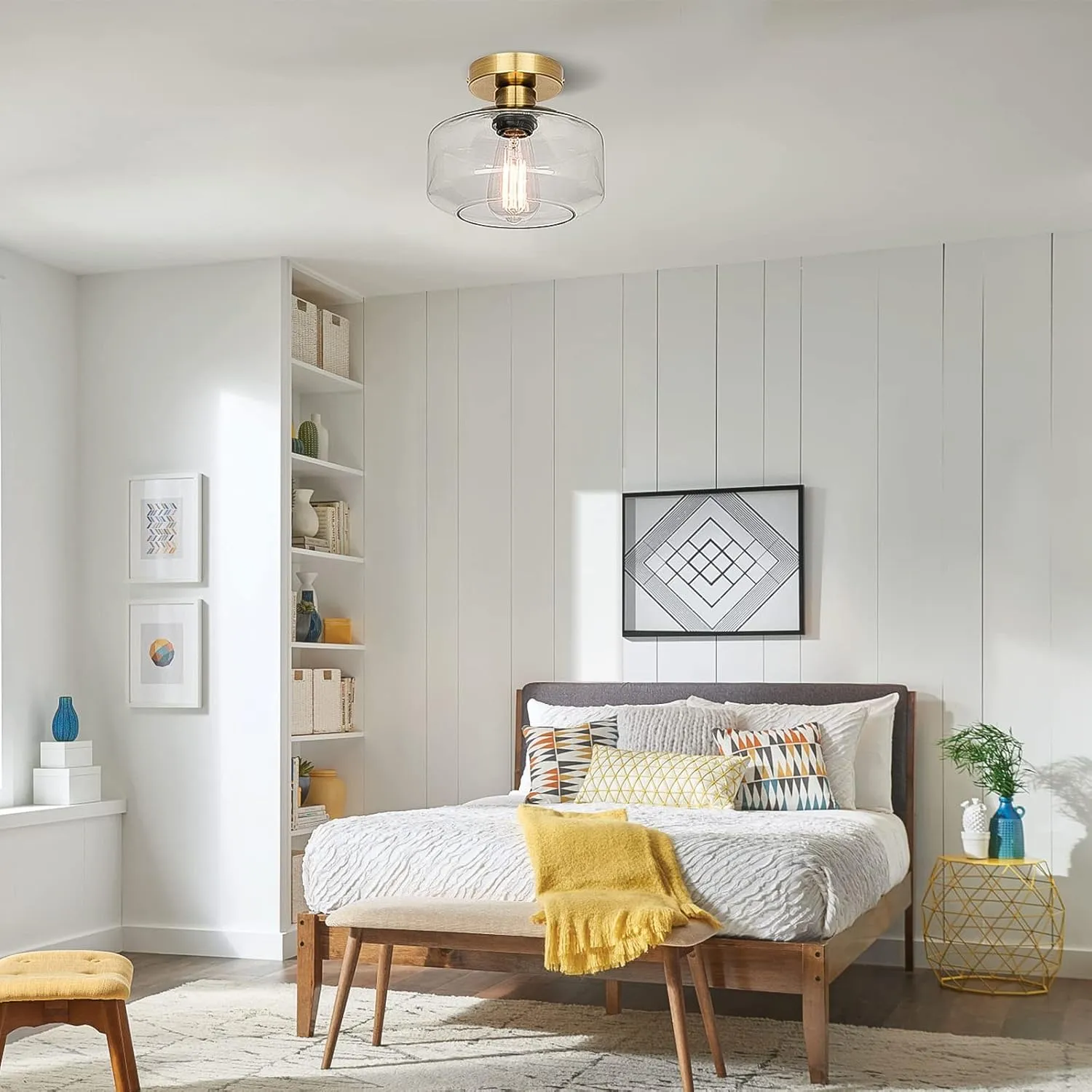 MAXvolador Industrial Semi Flush Mount Ceiling Light Gold, Clear Glass Pendant Lamp Shade, Farmhouse Lighting Hallway, Vintage Hanging Light Fixture