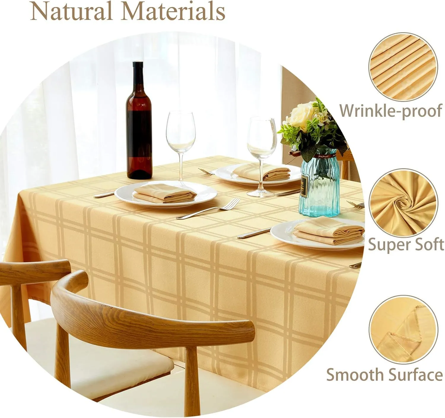 Mebakuk Jacquard Plaid Table Cloth Rectangle Modern Tablecloth Waterproof Anti-Shrink Soft and Wrinkle Resistant Decorative Fabric Table Cover for Kitchen (Gold, 60" x 84" (6-8 Seats))