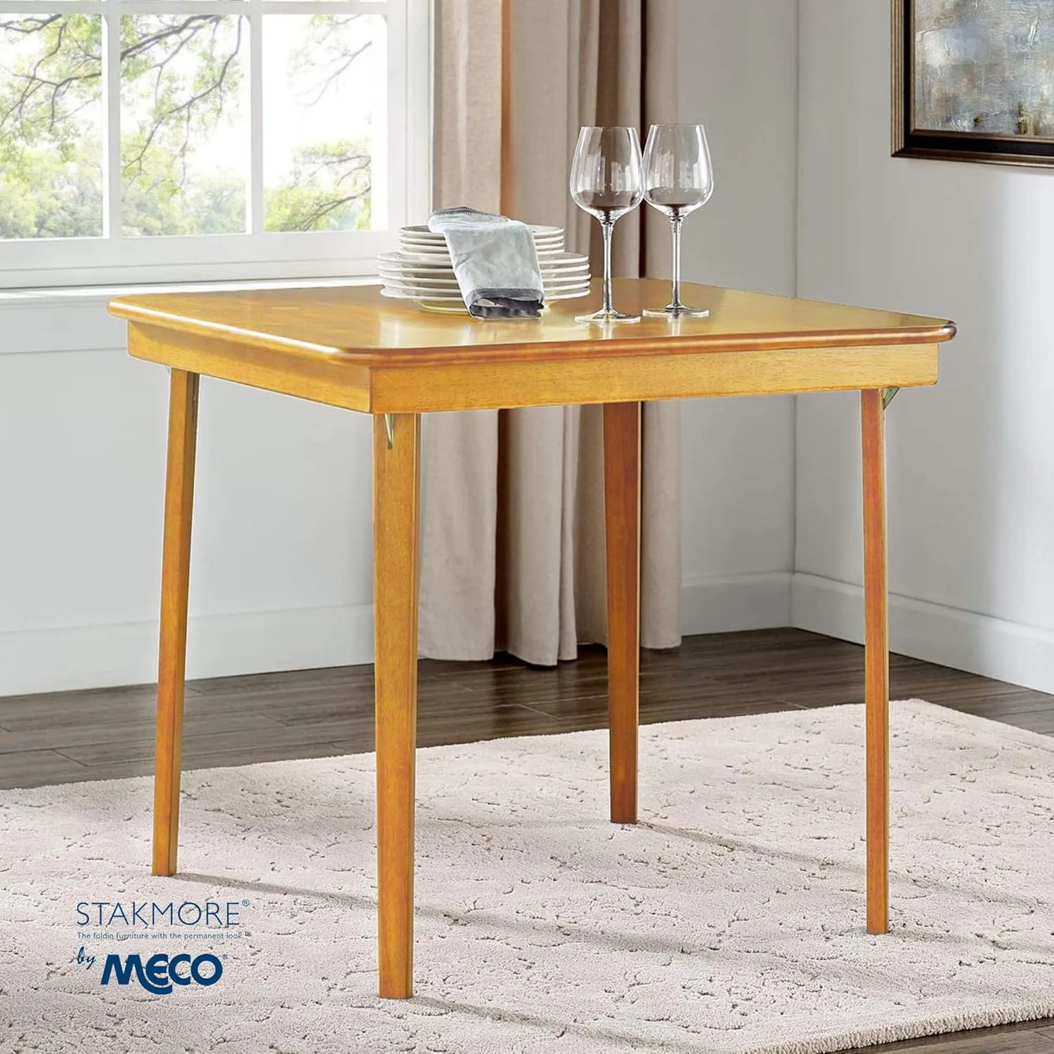MECO Stakmore Classic Straight Edge Solid Wood Folding Card Table, Oak Frame