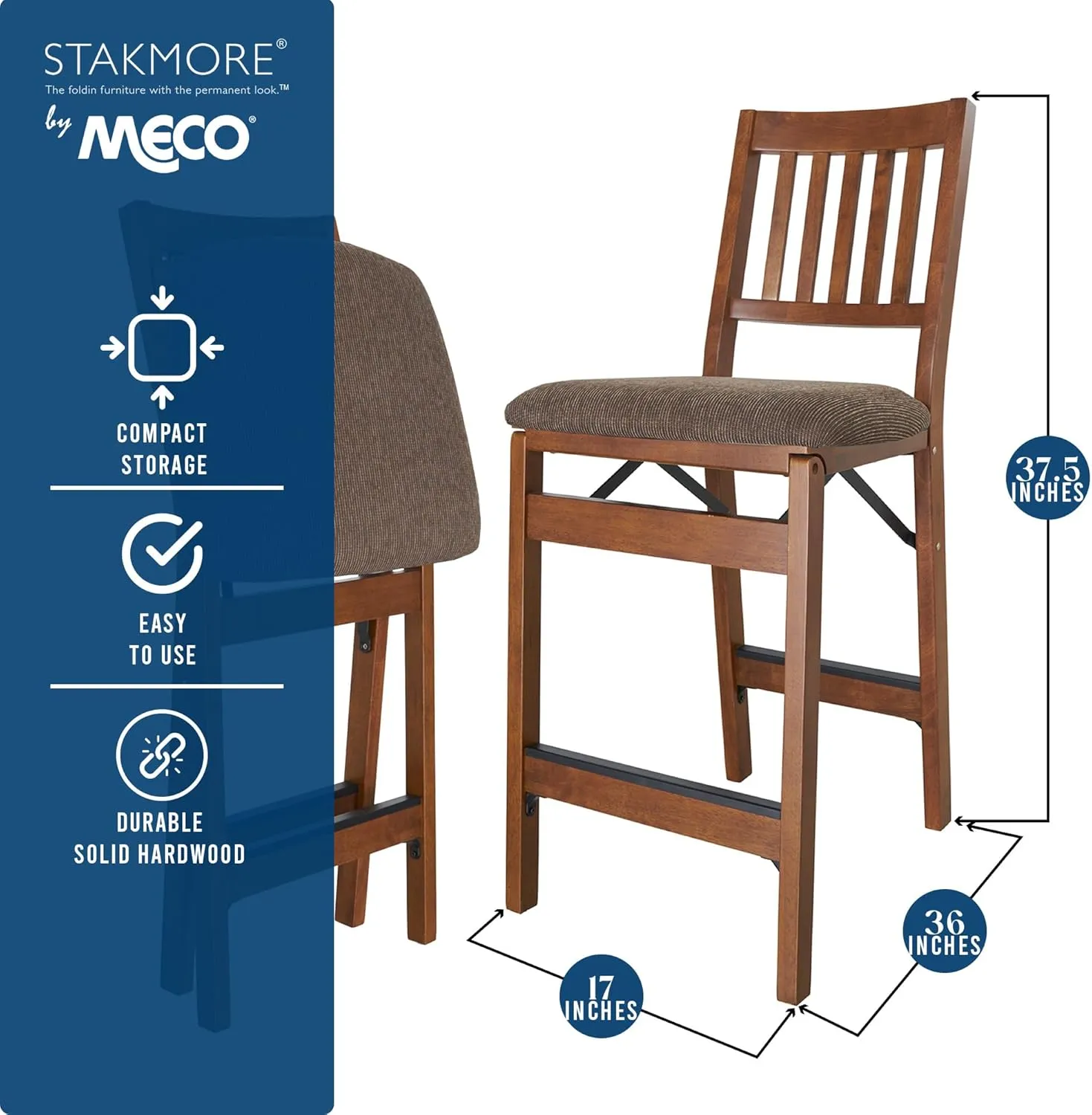 MECO Stakmore Premium Solid Wood Dining Table Counter Stools Set with Fabric Padded Upholstered Seat and Steel Folding Mechanism, Espresso