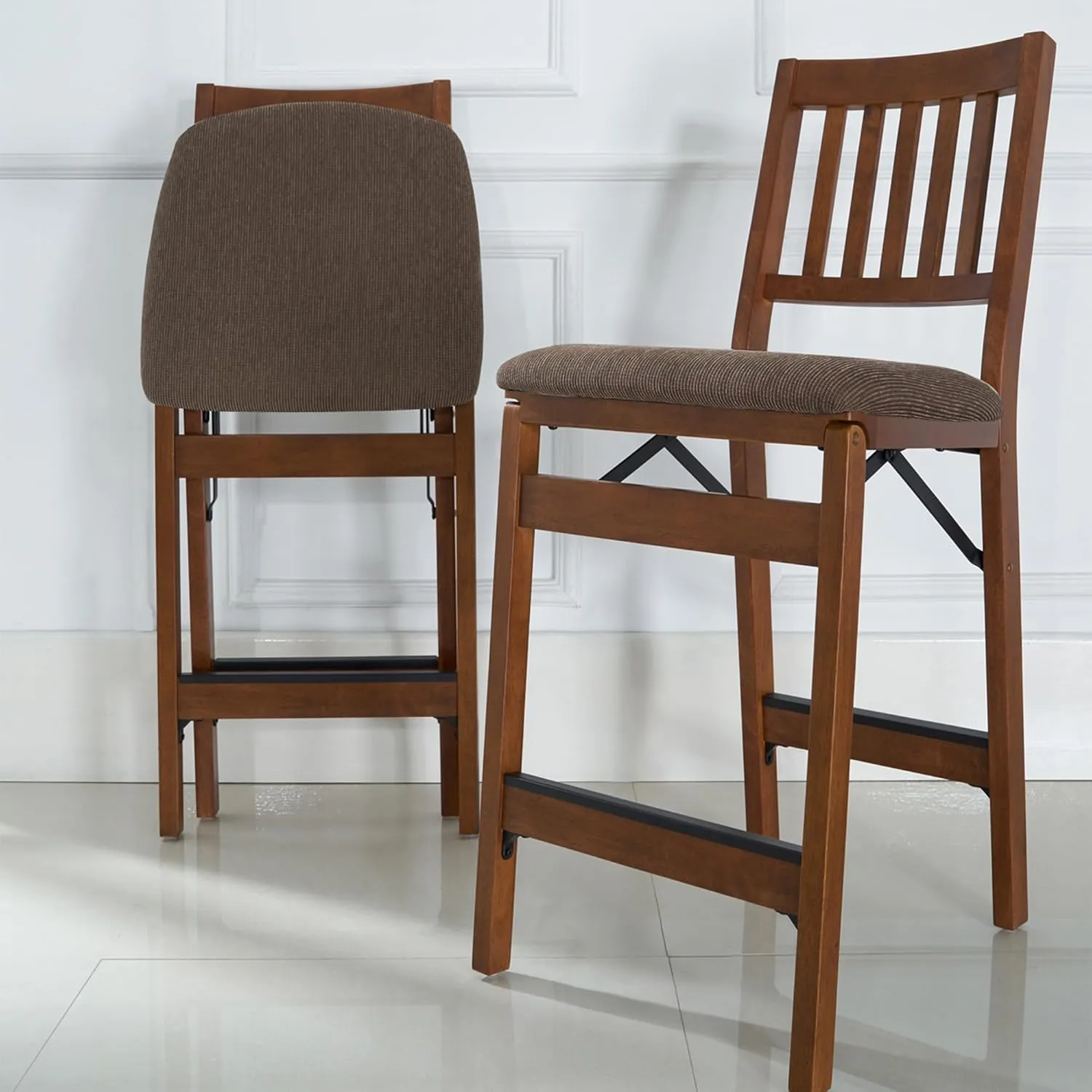 MECO Stakmore Premium Solid Wood Dining Table Counter Stools Set with Fabric Padded Upholstered Seat and Steel Folding Mechanism, Espresso
