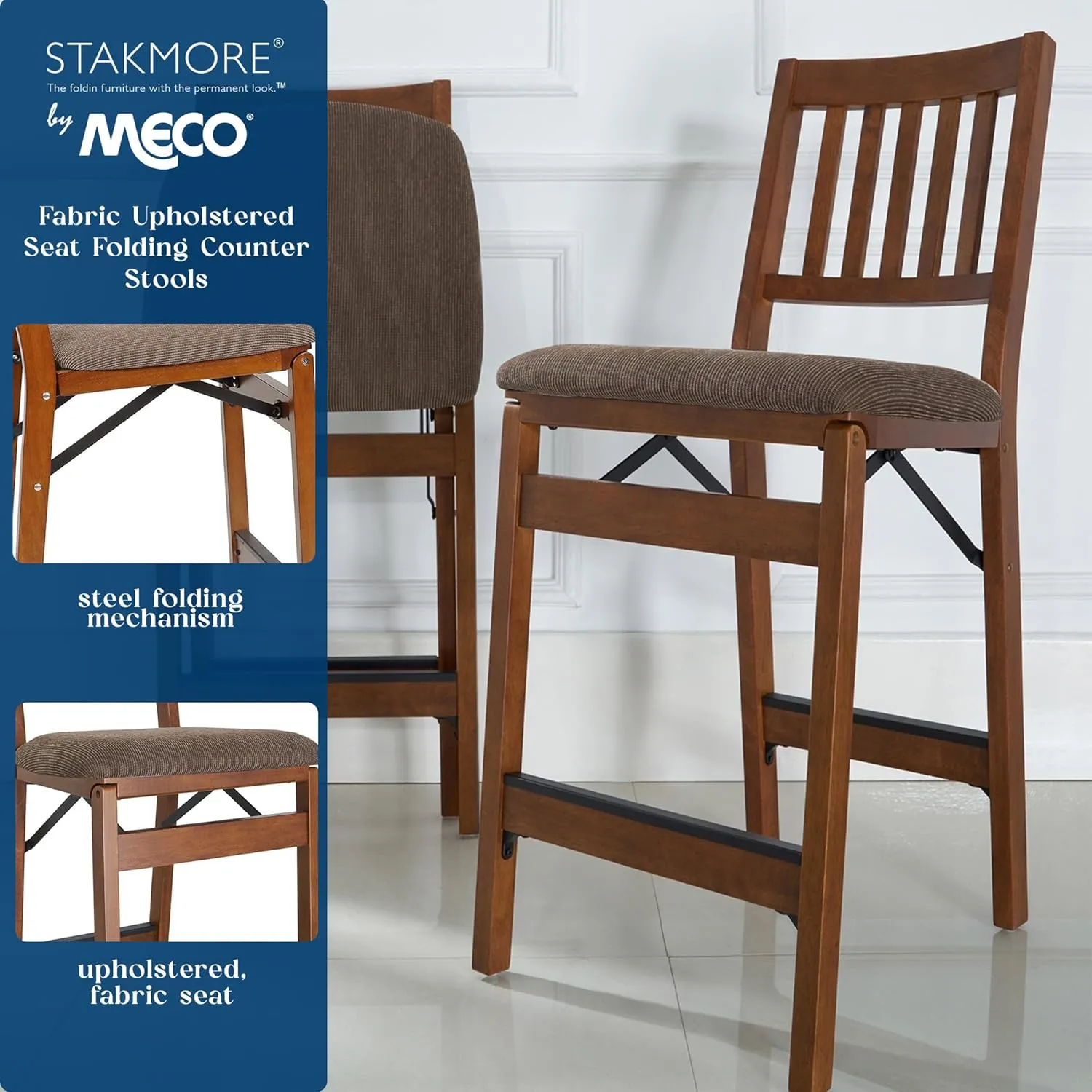 MECO Stakmore Premium Solid Wood Dining Table Counter Stools Set with Fabric Padded Upholstered Seat and Steel Folding Mechanism, Espresso