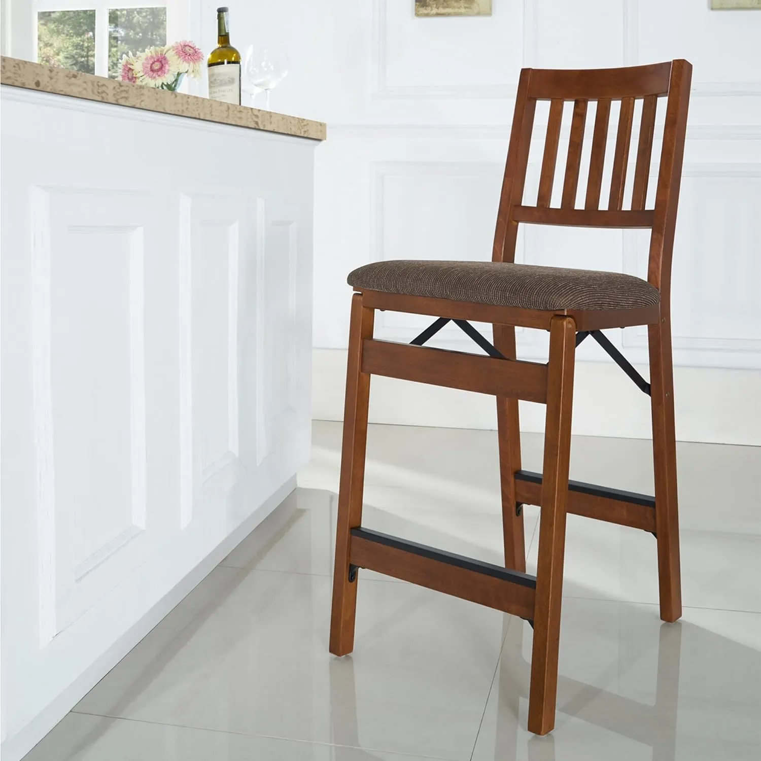 MECO Stakmore Premium Solid Wood Dining Table Counter Stools Set with Fabric Padded Upholstered Seat and Steel Folding Mechanism, Espresso