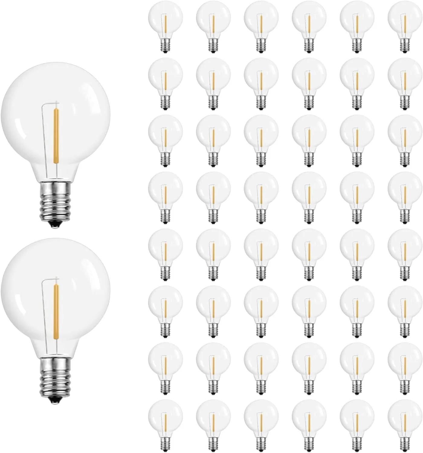 Meconard G40 Led Replacement Light Bulbs, 1.57 Inch 1 Watt Shatterproof LED Globe Bulbs for Indoor Outdoor String Lights, E12 or C7 Candelabra Screw Base Sockets, Warm White, 50 Pack