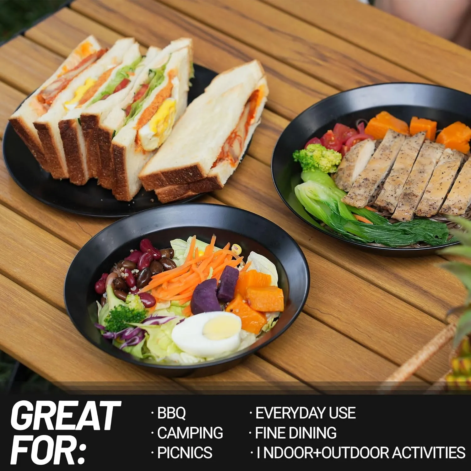 Medium Stainless Steel Plate Portable Non-stick Dinnerware for Youth, Adults, Family, Camping, Hiking, Beach, Outdoor Use 7.09 inch Black (7 packs set black)