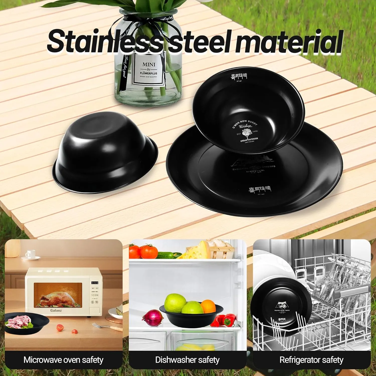 Medium Stainless Steel Plate Portable Non-stick Dinnerware for Youth, Adults, Family, Camping, Hiking, Beach, Outdoor Use 7.09 inch Black (7 packs set black)