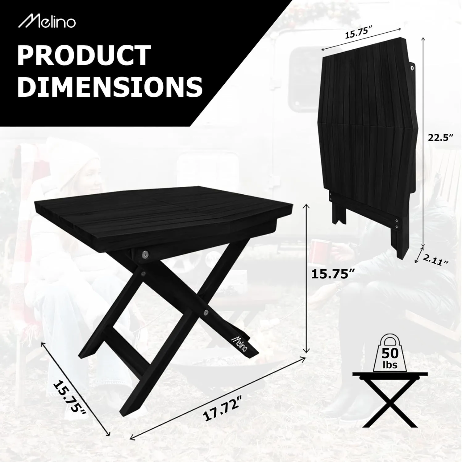 Melino Wooden Folding Table - Black Acacia Wooden Small Foldable End Coffee Tables - FSC Certified Solid Wood Patio Side Table - Weather Resistant & Fully Assembled - Indoor and Outdoor Furniture
