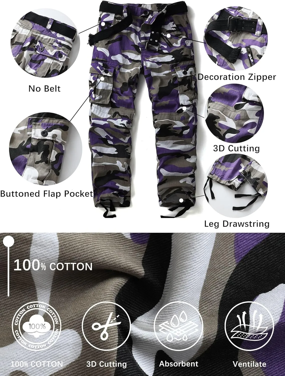 Men's Camo BDU Cargo Tactical Ripstop Casual Lightweight Baggy Combat 100% Cotton Pants with 8 Pockets(No Belt)