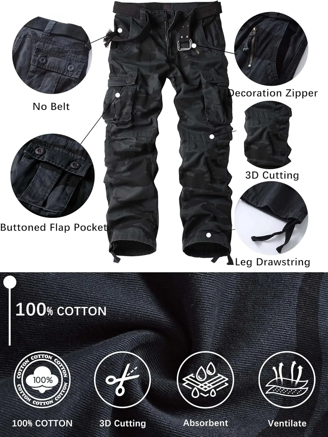 Men's Camo BDU Cargo Tactical Ripstop Casual Lightweight Baggy Combat 100% Cotton Pants with 8 Pockets(No Belt)