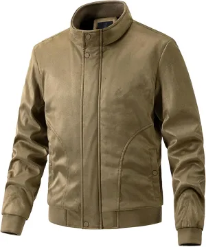 Men's Classic Leather Suede Jacket Stand Collar Soft Bomber Varsity Jackets Faux Suede Warm Vintage Men Coats