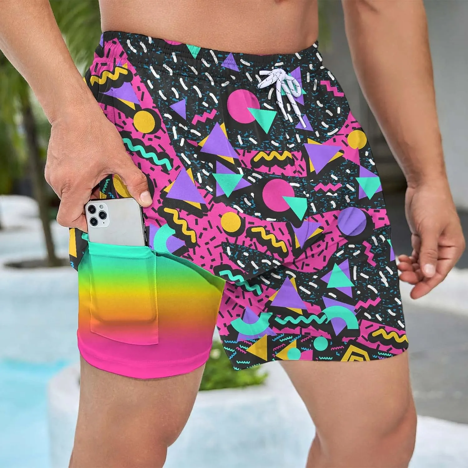 Mens Swim Trunks with Compression Liner 5 Inseam Quick Dry Swimwear Bathing Suit Swimming Board Shorts with 4 Pocket
