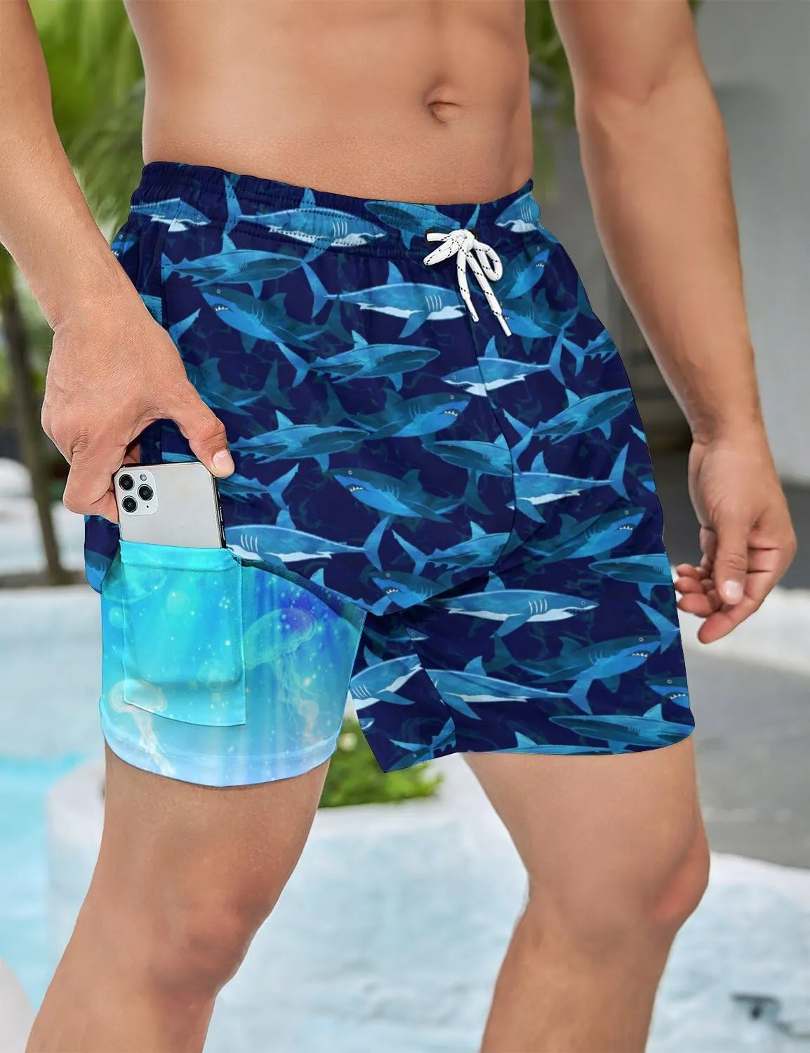 Mens Swim Trunks with Compression Liner 5 Inseam Quick Dry Swimwear Bathing Suit Swimming Board Shorts with 4 Pocket