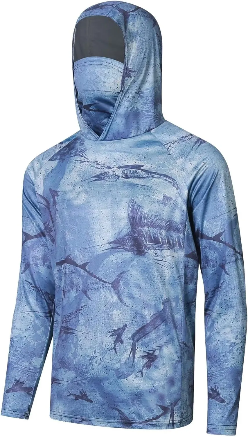 Men's UPF50  Sun Protection Hoodie Shirt Fashion Loose Long Sleeve Rash Guard Casual Fishing Shirt with Face Mask Plus Size