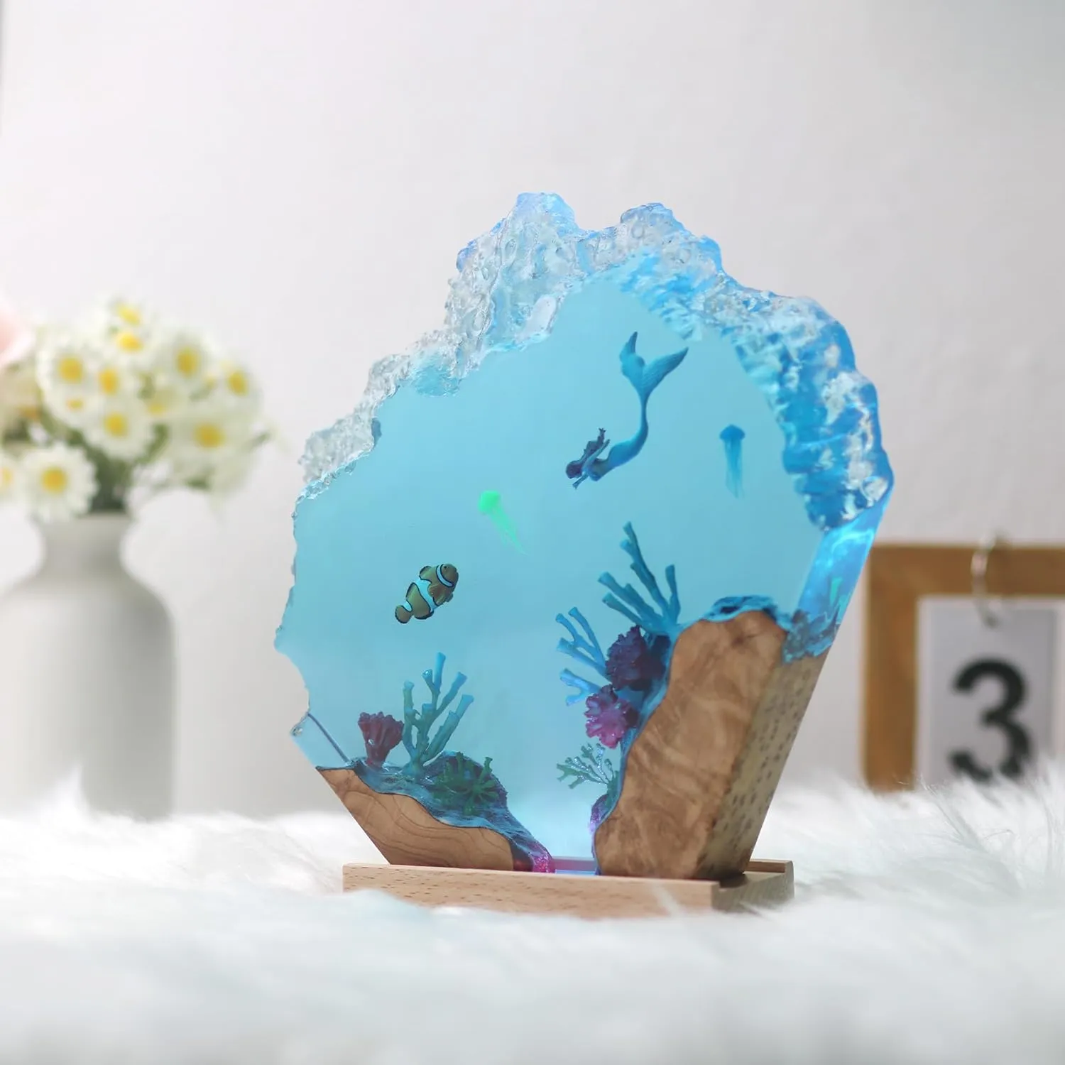 Mermaid Epoxy Resin Night Light, Simulated Ocean View, Personalized Handmade Wooden Lamp, Unique Home Decoration Light Suitable for Festivals