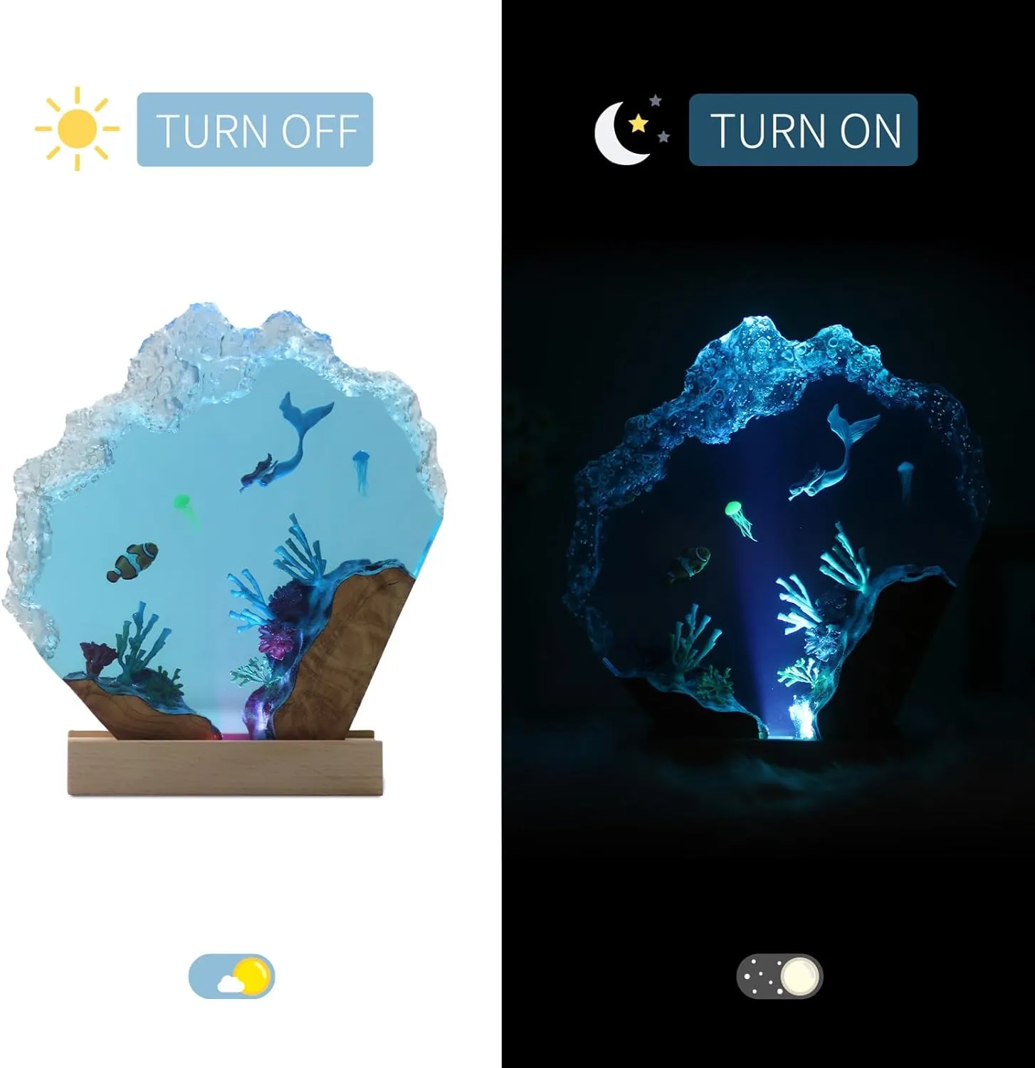 Mermaid Epoxy Resin Night Light, Simulated Ocean View, Personalized Handmade Wooden Lamp, Unique Home Decoration Light Suitable for Festivals